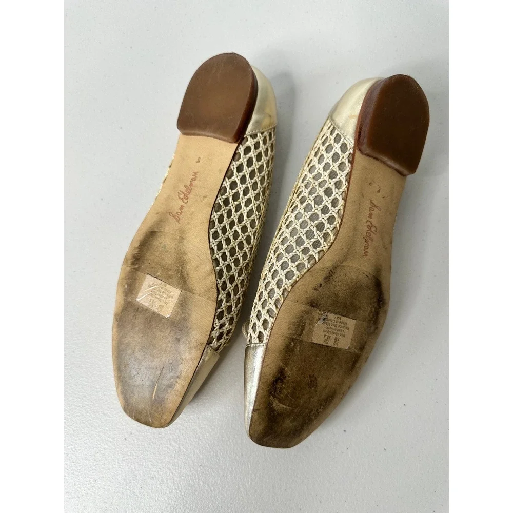 Sam Edelman May Ballet Flats Woven Mesh Square Toe Size 8M Gold Metallic Bow